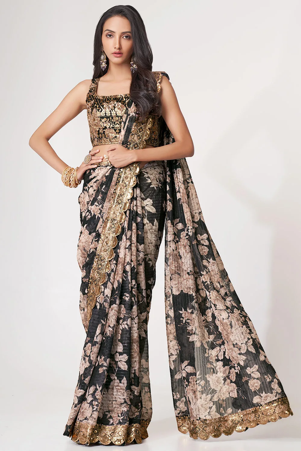 Black Organza Floral Saree with Sequins Embroidery and Digital Print