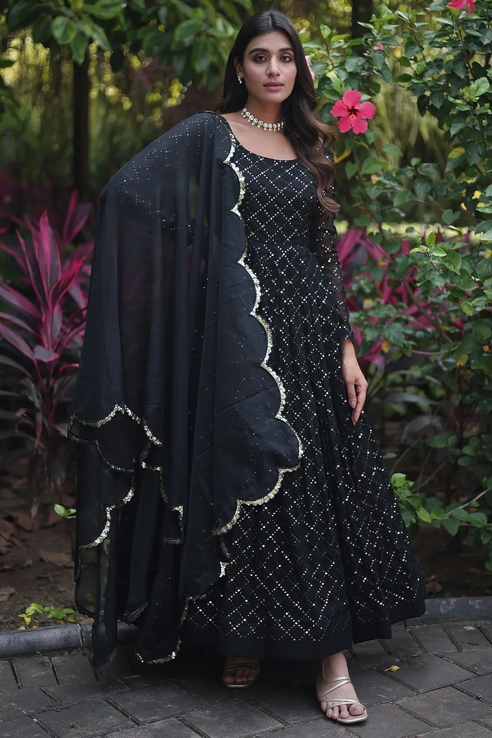 Black Faux Georgette Long Gown with Sequins-Multi and Thread Embroidered Work and Russian Silk Dupatta
