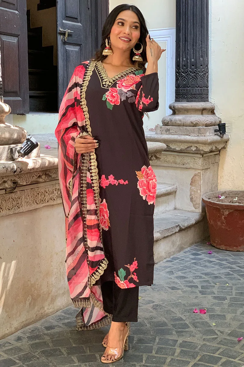 Chic Brown Muslin Salwar Suit: Embroidered, Print, Sequins – Perfect for Every Occasion
