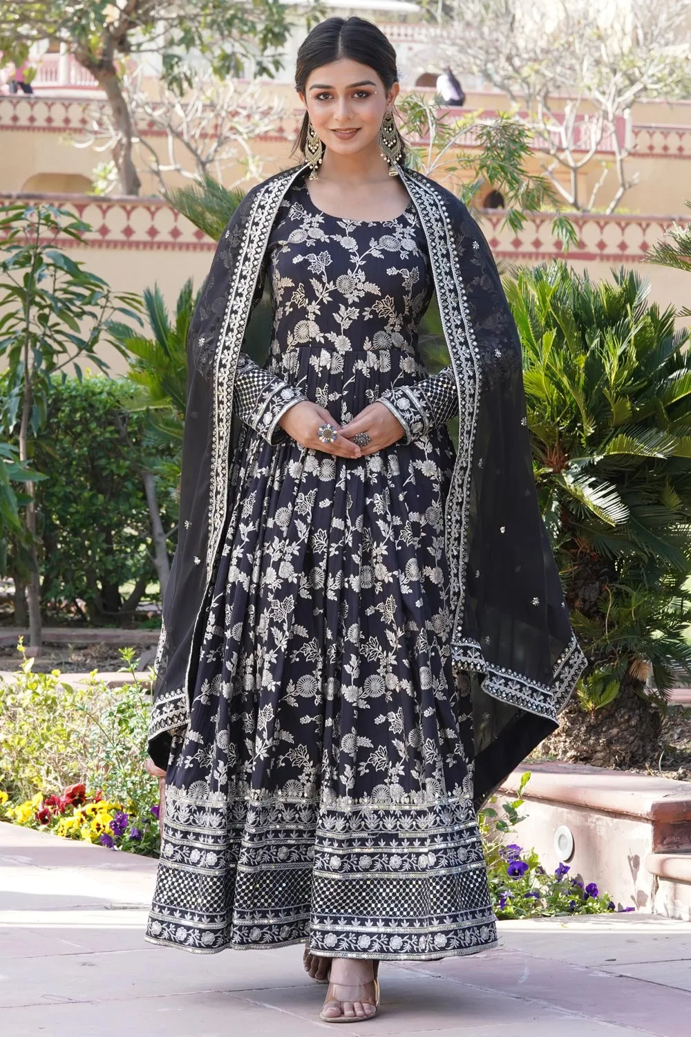 Black Floral Long Gown with Sequins Embroidered Viscose Diable Jacquard and Russian Silk Dupatta