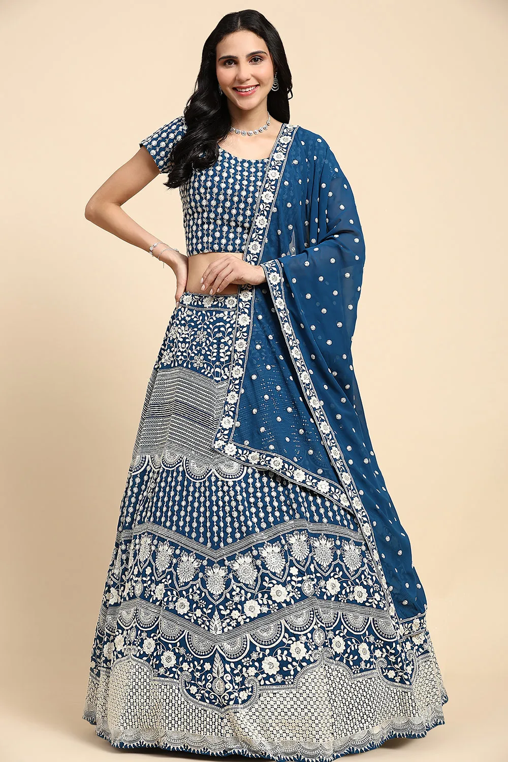 Blue Georgette Lehenga Set with Exquisite Embroidery and Thread Work