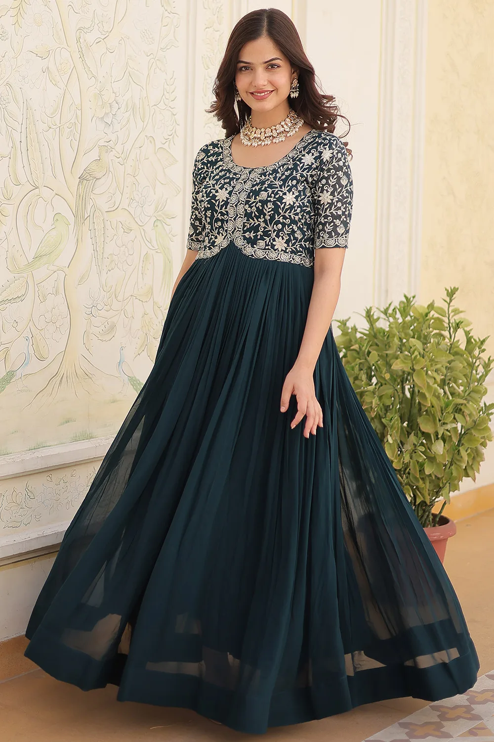 Blue Faux Blooming Long Gown with Zari Sequins Embroidery