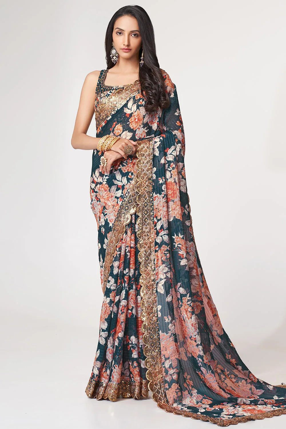 Blue Organza Floral Saree with Sequins Embroidery and Digital Print