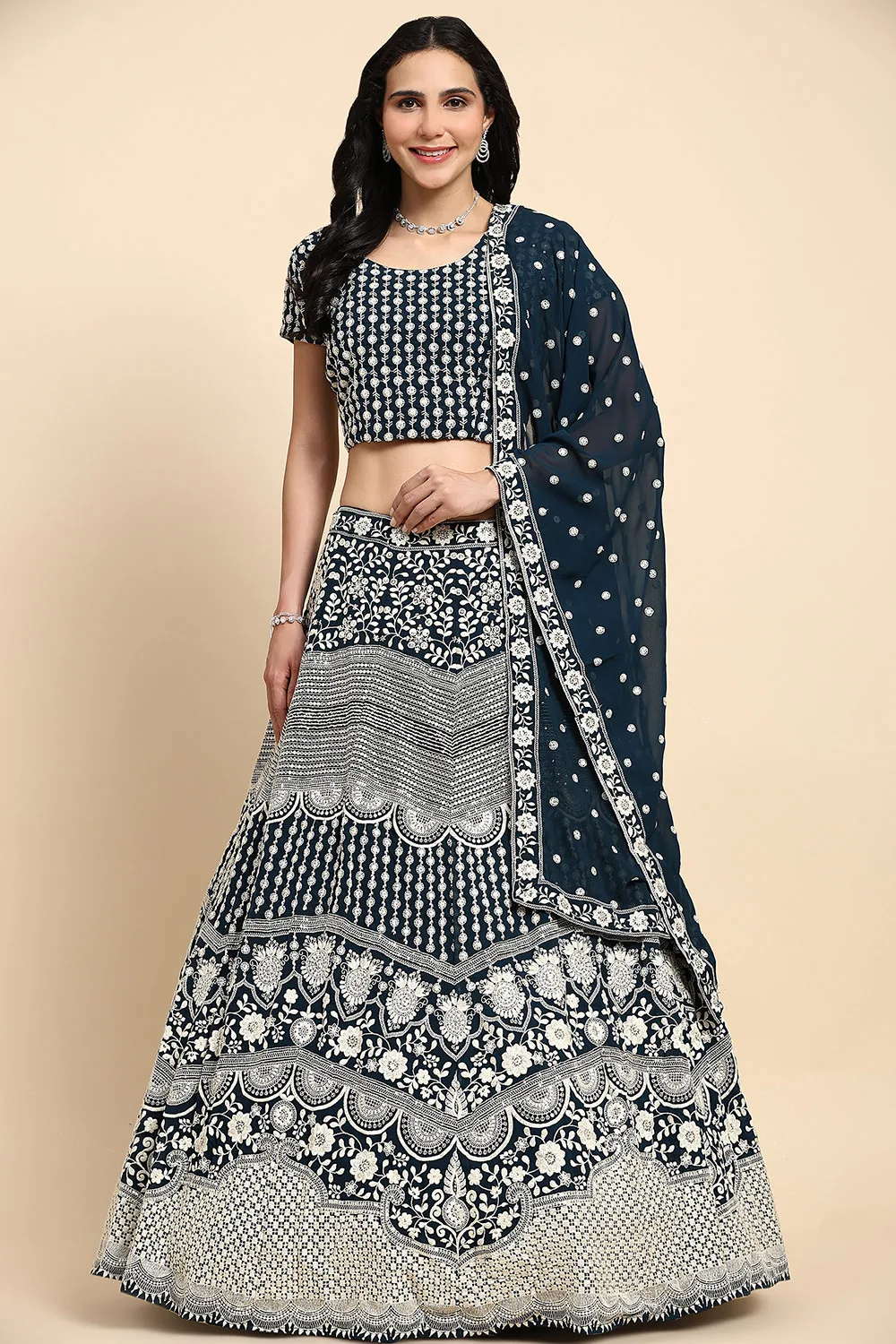 Deep Blue Georgette Lehenga Set with Exclusive Embroidered Blouse