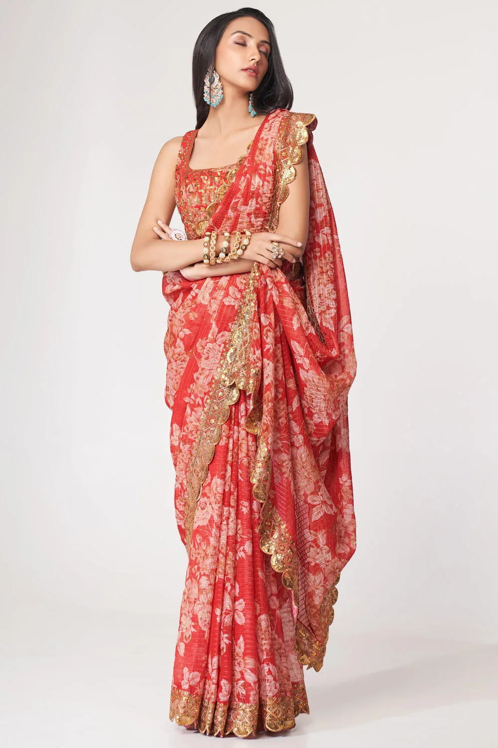 Red Organza Floral Saree with Sequins Embroidery and Digital Print