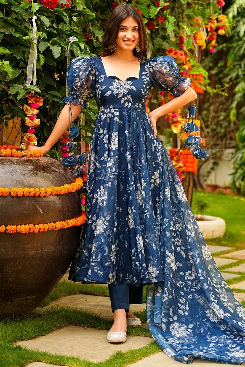 Navy Blue Elegance: Tebby Silk Anarkali Gown with Heavy Digital Print Dupatta