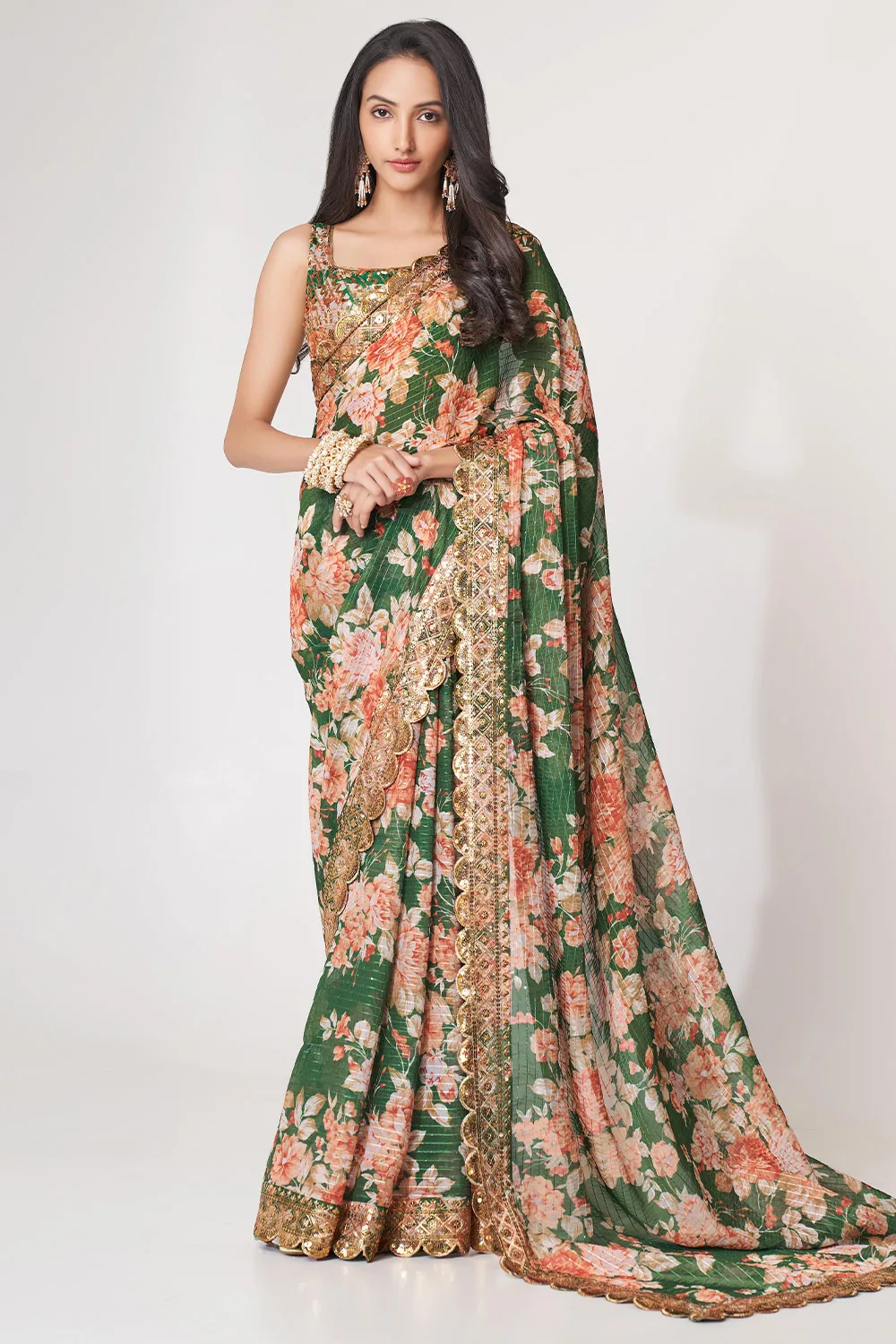 Green Organza Floral Saree with Sequins Embroidery and Digital Print