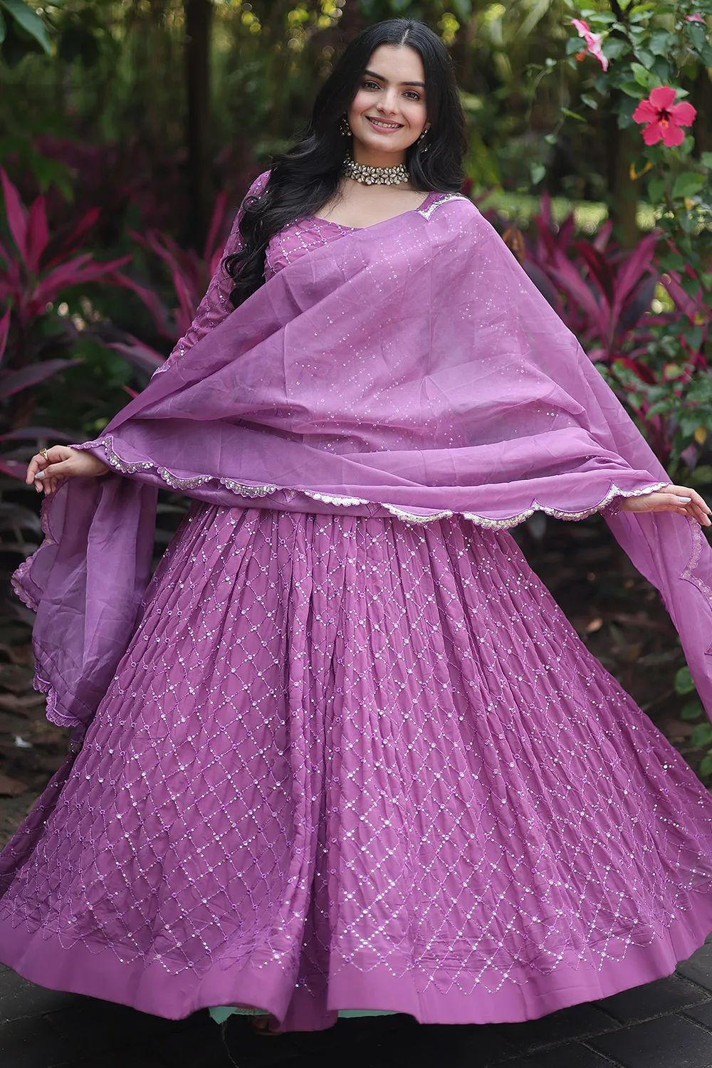 Lavender Faux Georgette Long Gown with Sequins-Multi and Thread Embroidered Work and Russian Silk Dupatta