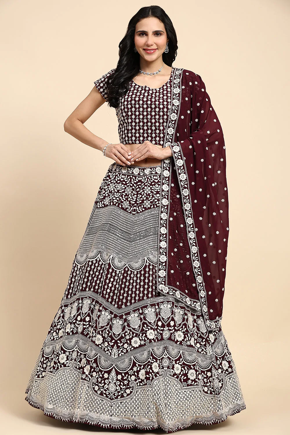 Maroon Georgette Lehenga Set with Exclusive Embroidered Blouse