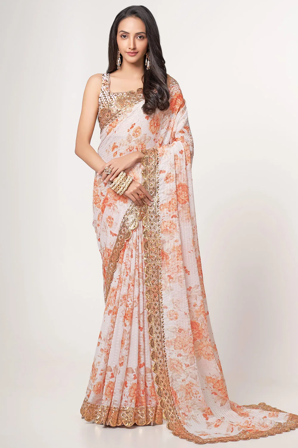 Elegant White Organza Floral Saree with Sequins Embroidery and Digital Print