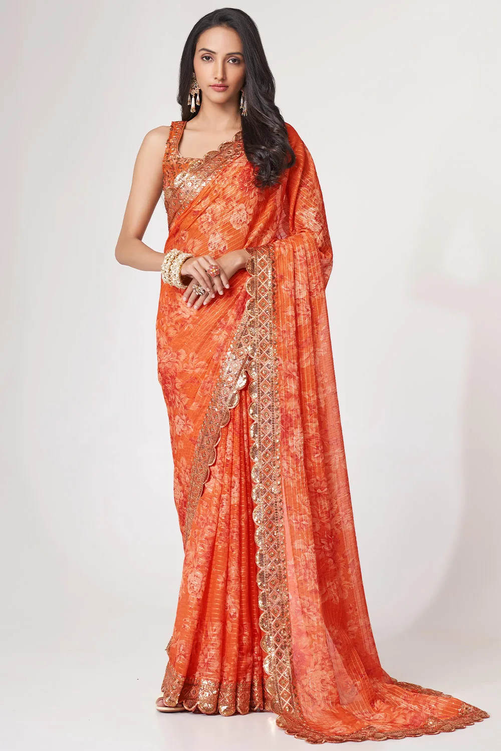 Orange Organza Floral Saree with Sequins Embroidery and Digital Print