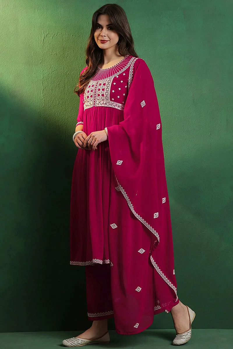 Dark Pink Handcrafted Georgette Anarkali Set with Delicate Embroidery and Printed Dupatta