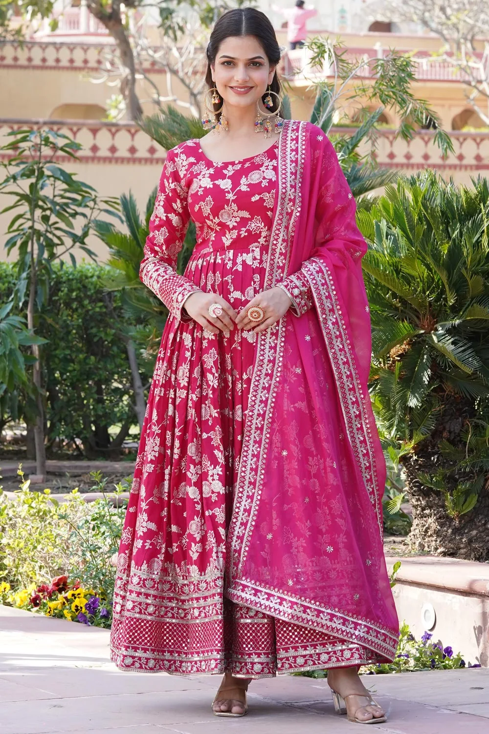 Pink Floral Long Gown with Sequins Embroidered Viscose Diable Jacquard and Russian Silk Dupatta