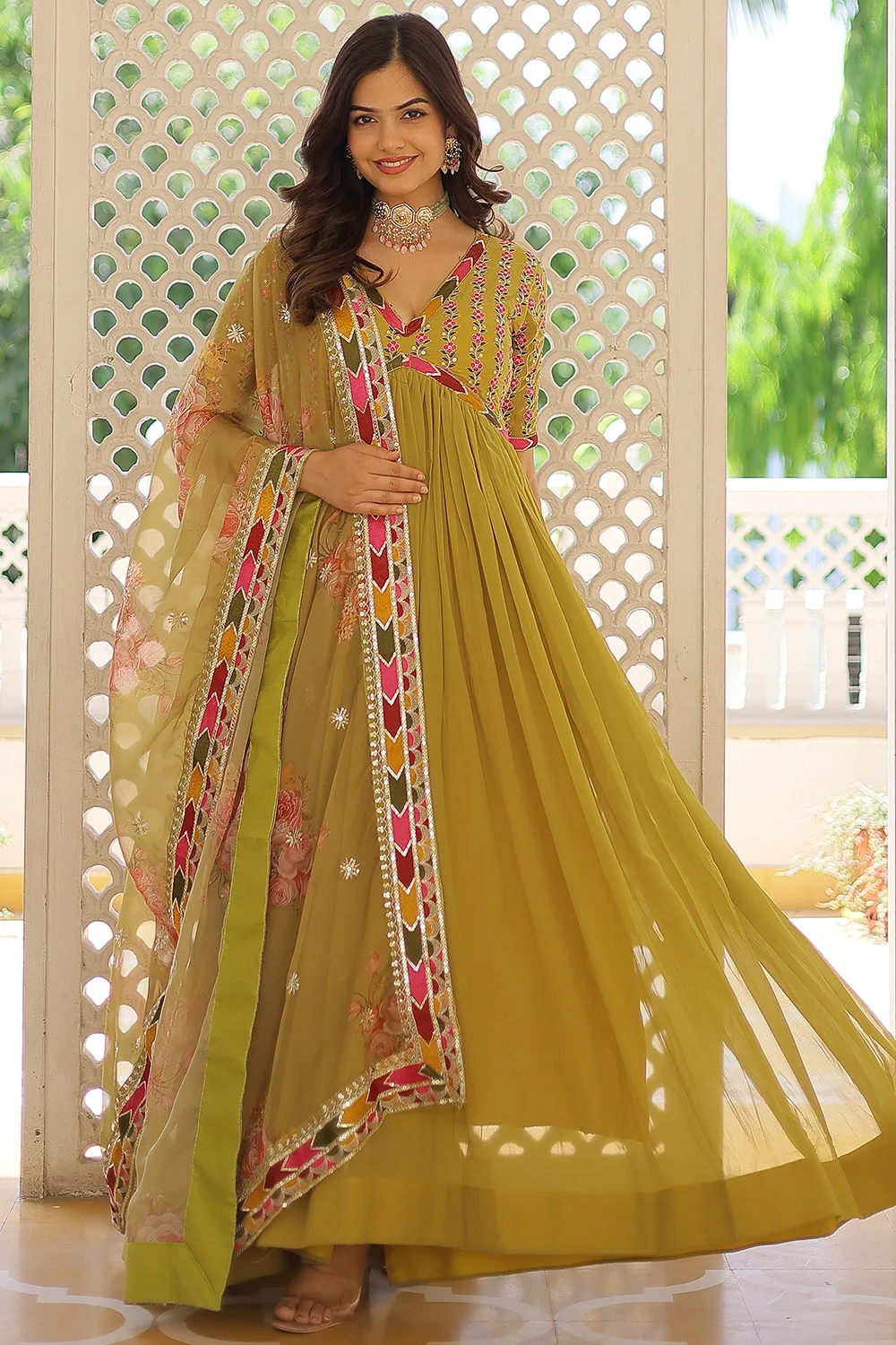 Mustard Faux Georgette Alia Cut Gown with Embroidery and Zari Sequins Work