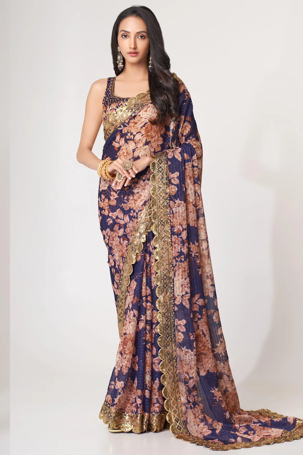 Purple Organza Floral Saree with Sequins Embroidery and Digital Print