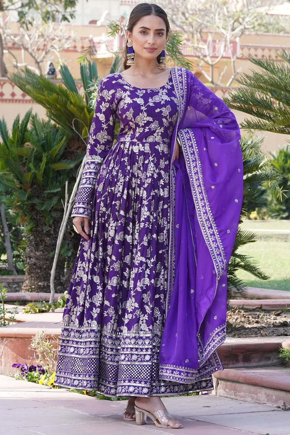Purple Floral Long Gown with Sequins Embroidered Viscose Diable Jacquard and Russian Silk Dupatta
