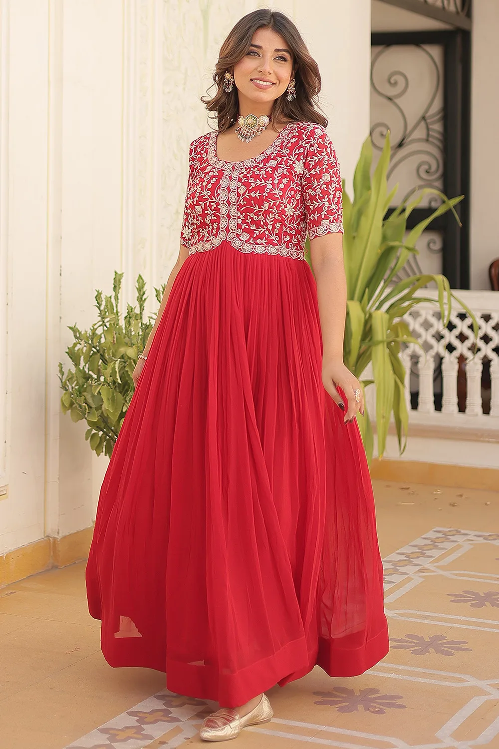 Red Faux Blooming Long Gown with Zari Sequins Embroidery