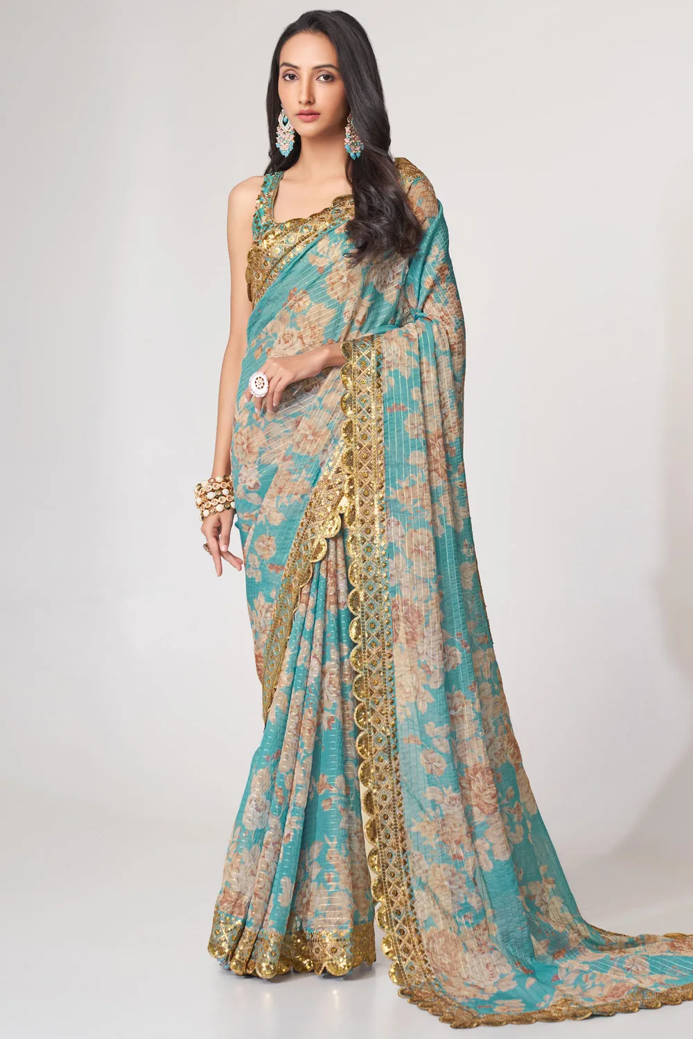 Sky Blue Organza Floral Saree with Sequins Embroidery and Digital Print