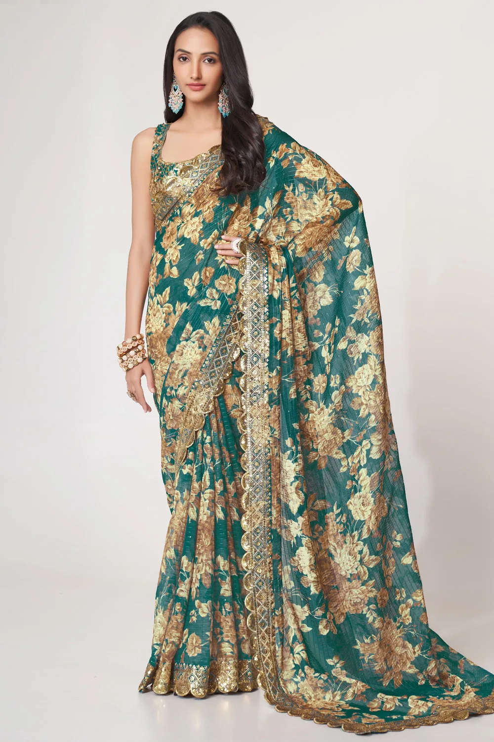 Teal Blue Organza Floral Saree with Sequins Embroidery and Digital Print