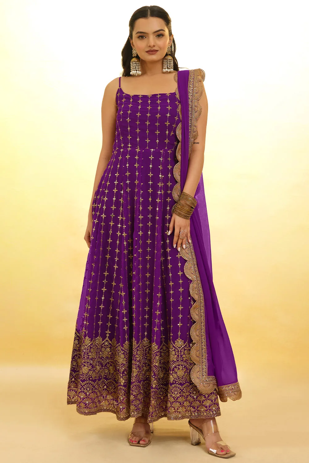 Luxurious Purple Organza Salwar Kameez with Gold Foil Print and Intricate Zari Border Work
