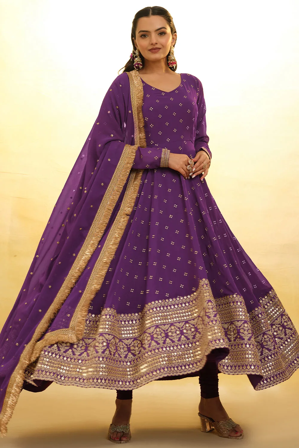 Elegant Purple Georgette Anarkali Suit with Intricate Embroidery