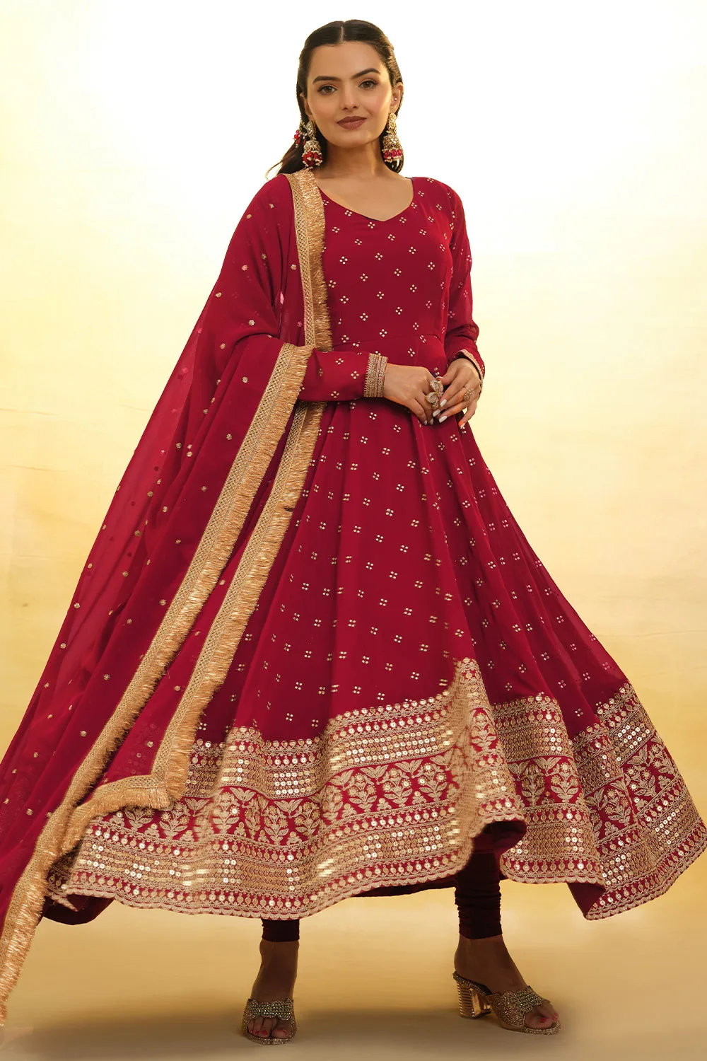Stunning Red Georgette Anarkali Suit with Intricate Embroidery