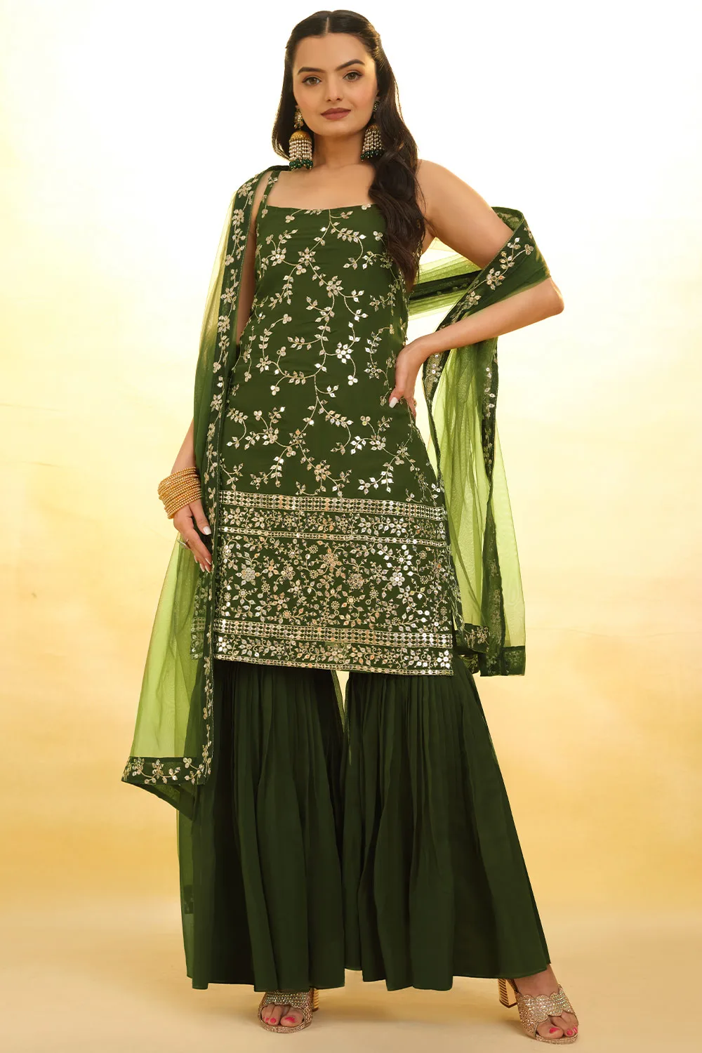 Exquisite Green Georgette Gharara Suit with Intricate Embroidery