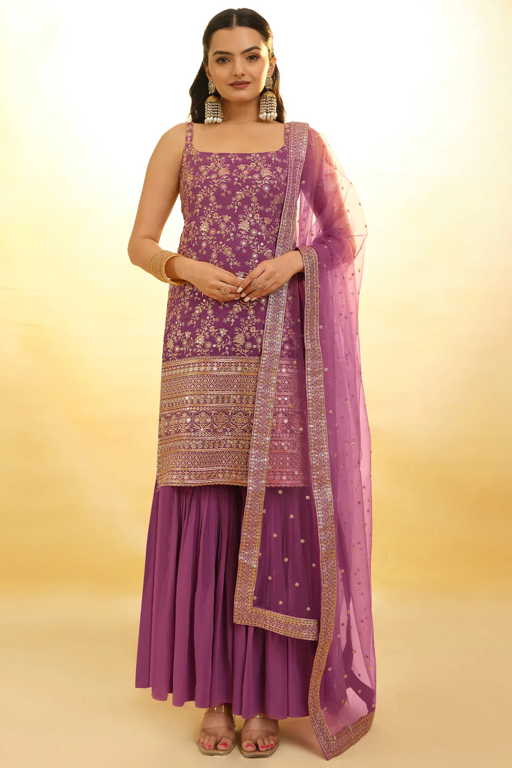 Elegant Pink Georgette Gharara Suit with Intricate Embroidery