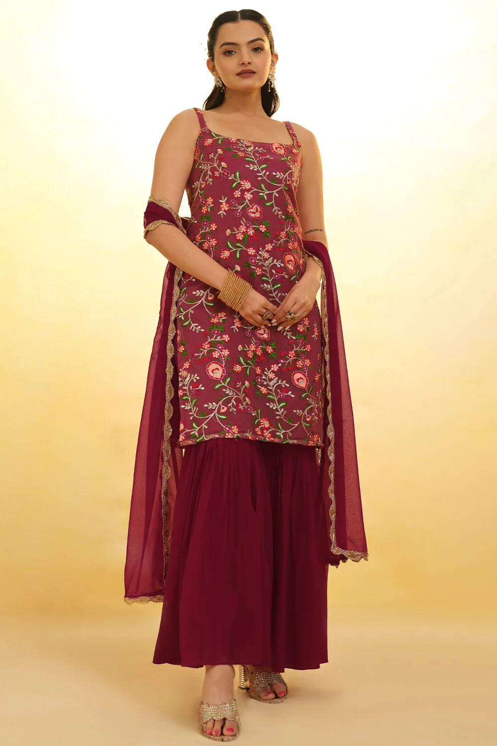 Wine Georgette Gharara Suit with Intricate Embroidery