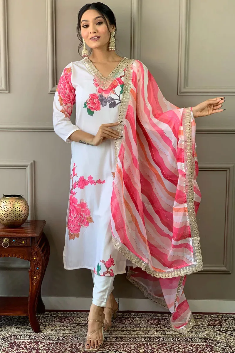 White Muslin Salwar Suit: Embroidered, Print, Sequins – Perfect for Casual, Festival, and Party Occasions