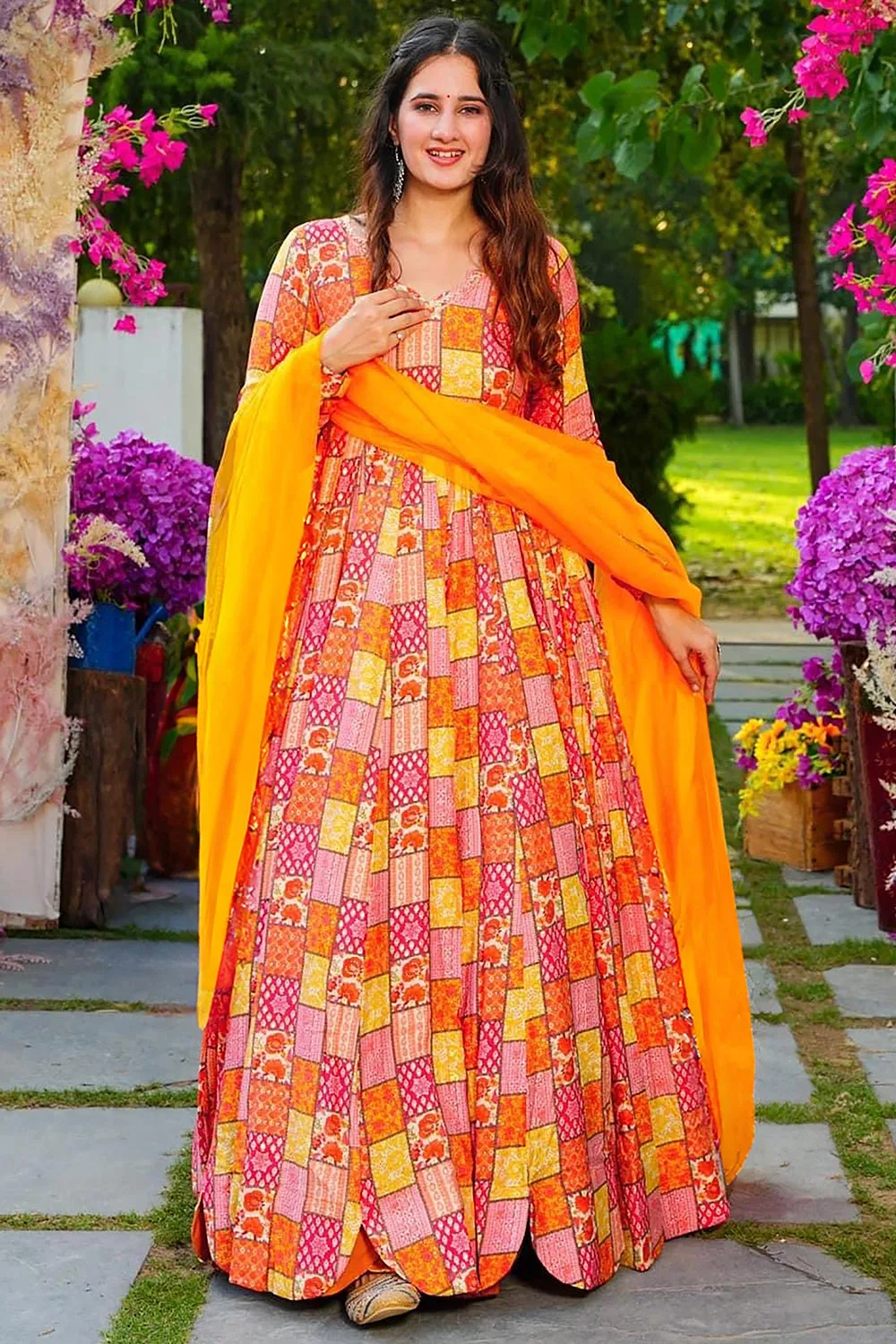 Yellow Multicolor Anarkali Suit with Georgette Dupatta