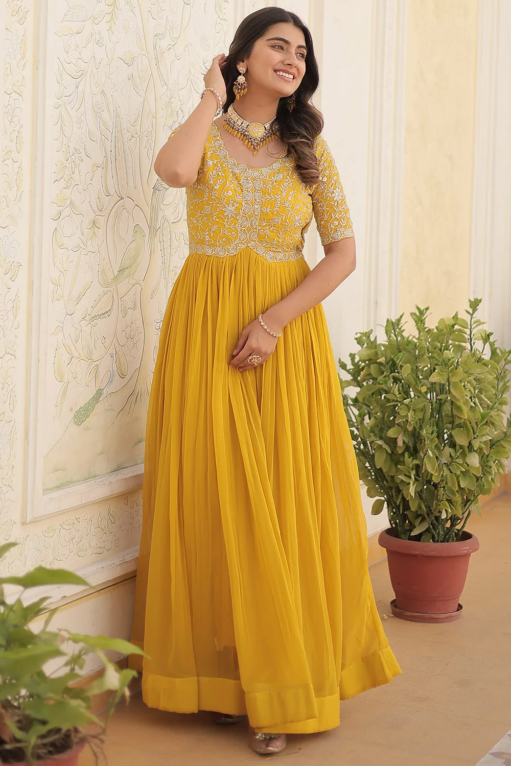 Yellow Faux Blooming Long Gown with Zari Sequins Embroidery for Mehendi Function