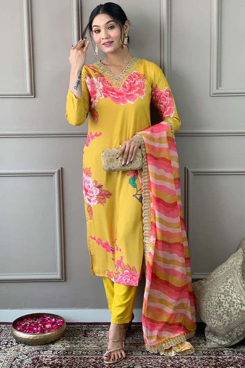 Sunny Yellow Mehendi Special Muslin Salwar Suit: Embroidered, Print, Sequins – Radiate Joy