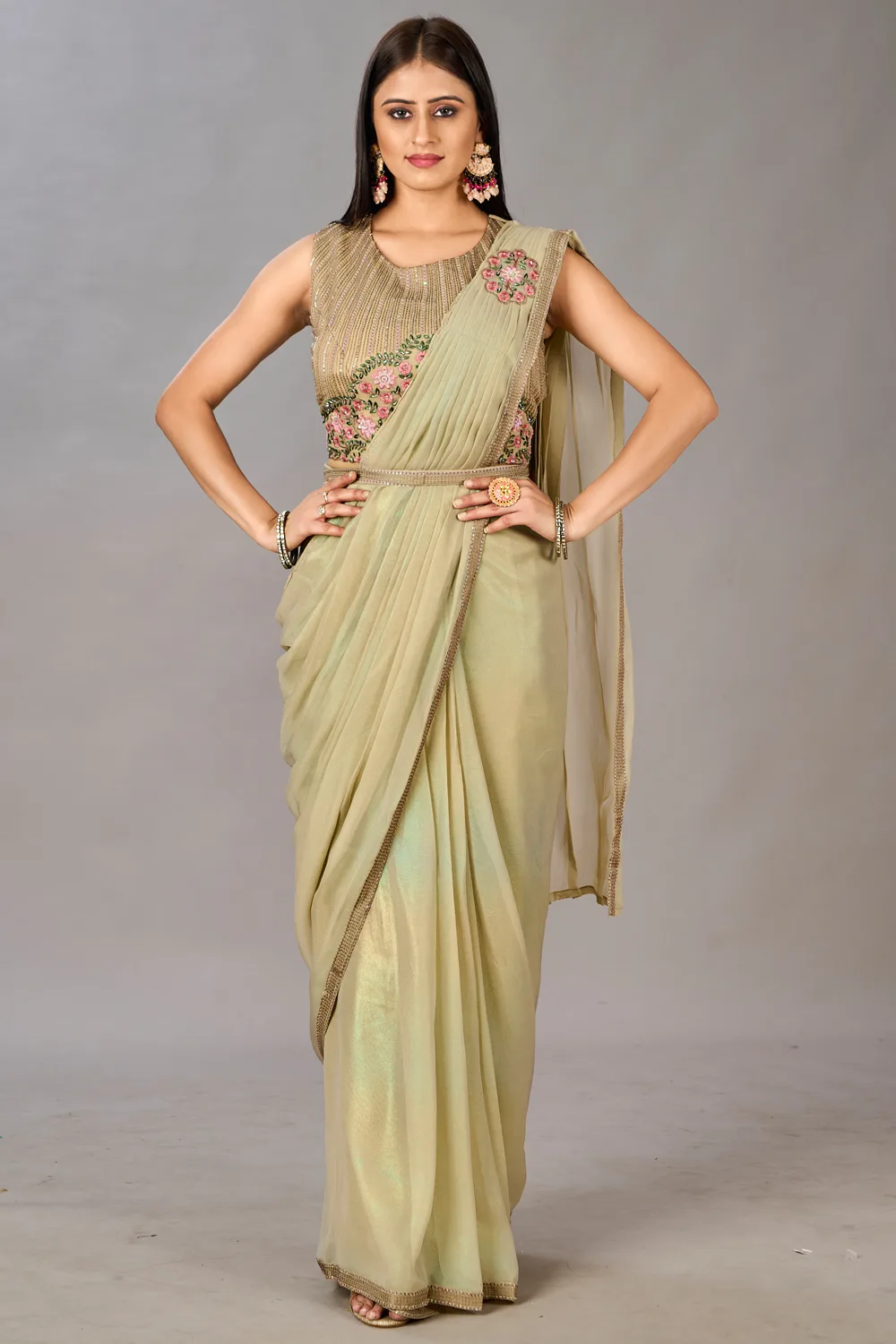 Dusty Green Georgette Saree with Embroidered Blouse