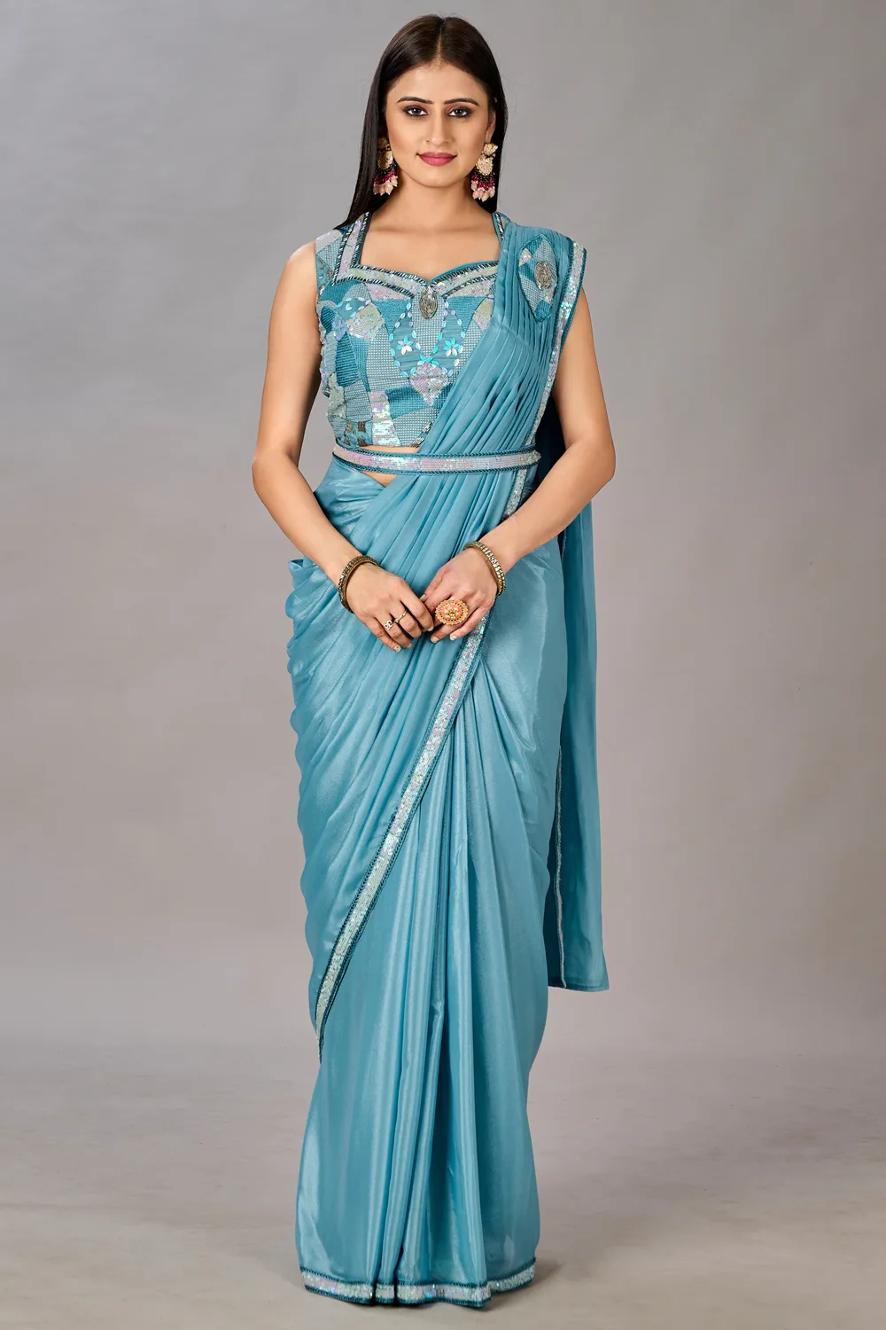Turquoise Georgette Saree with Embroidered Blouse