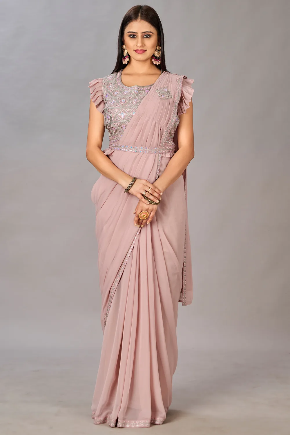 Light Pink Georgette Saree with Embroidered Blouse