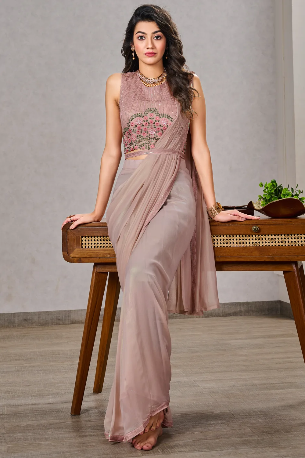 Dusty Pink Georgette Saree with Embroidered Blouse