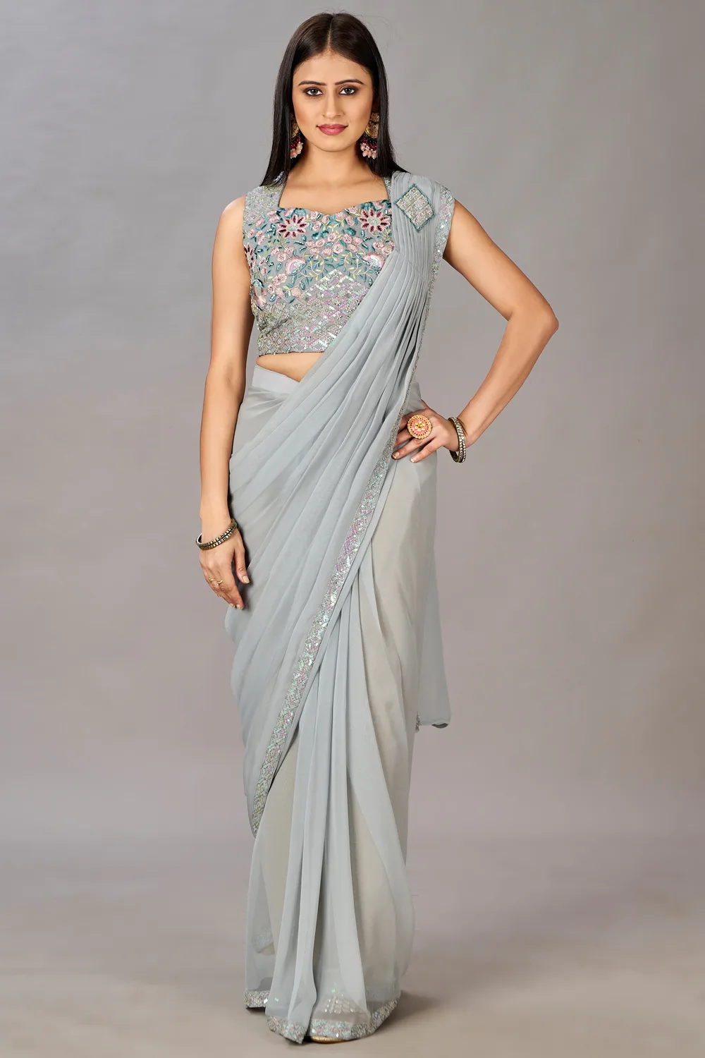 Light Grey Georgette Saree with Embroidered Blouse