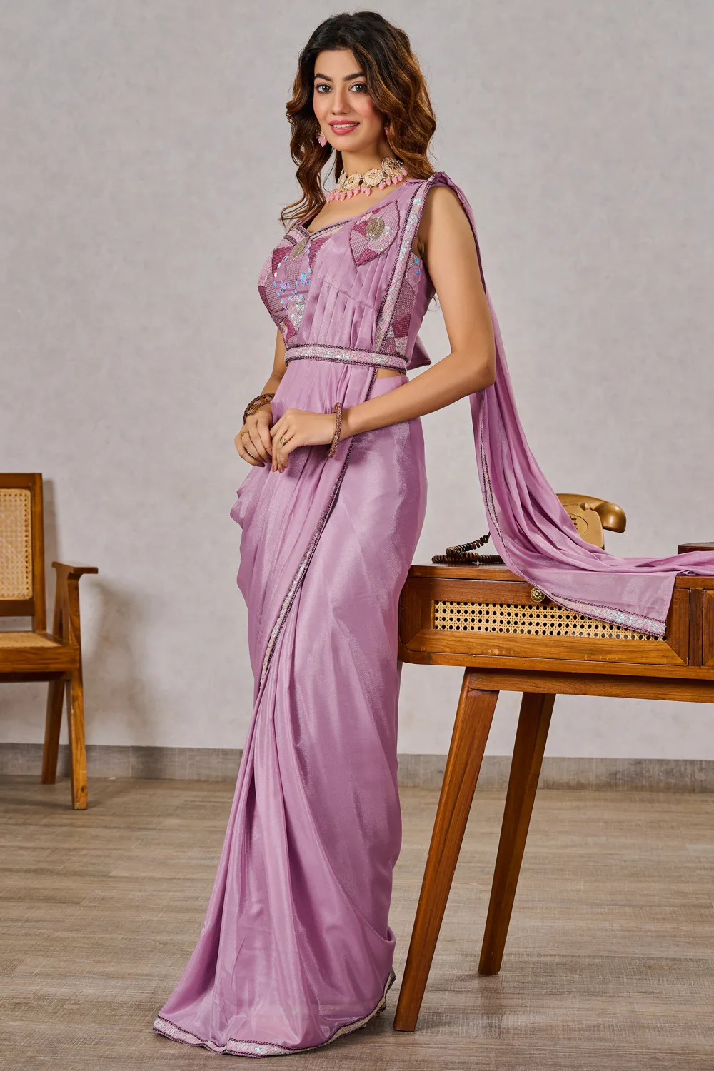 Mauve Georgette Saree with Embroidered Blouse