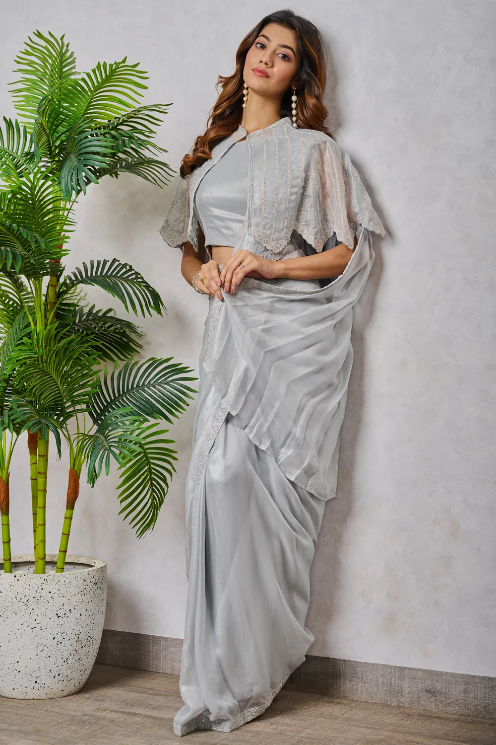 Light Grey Jacket Style Georgette Saree with Embroidered Blouse