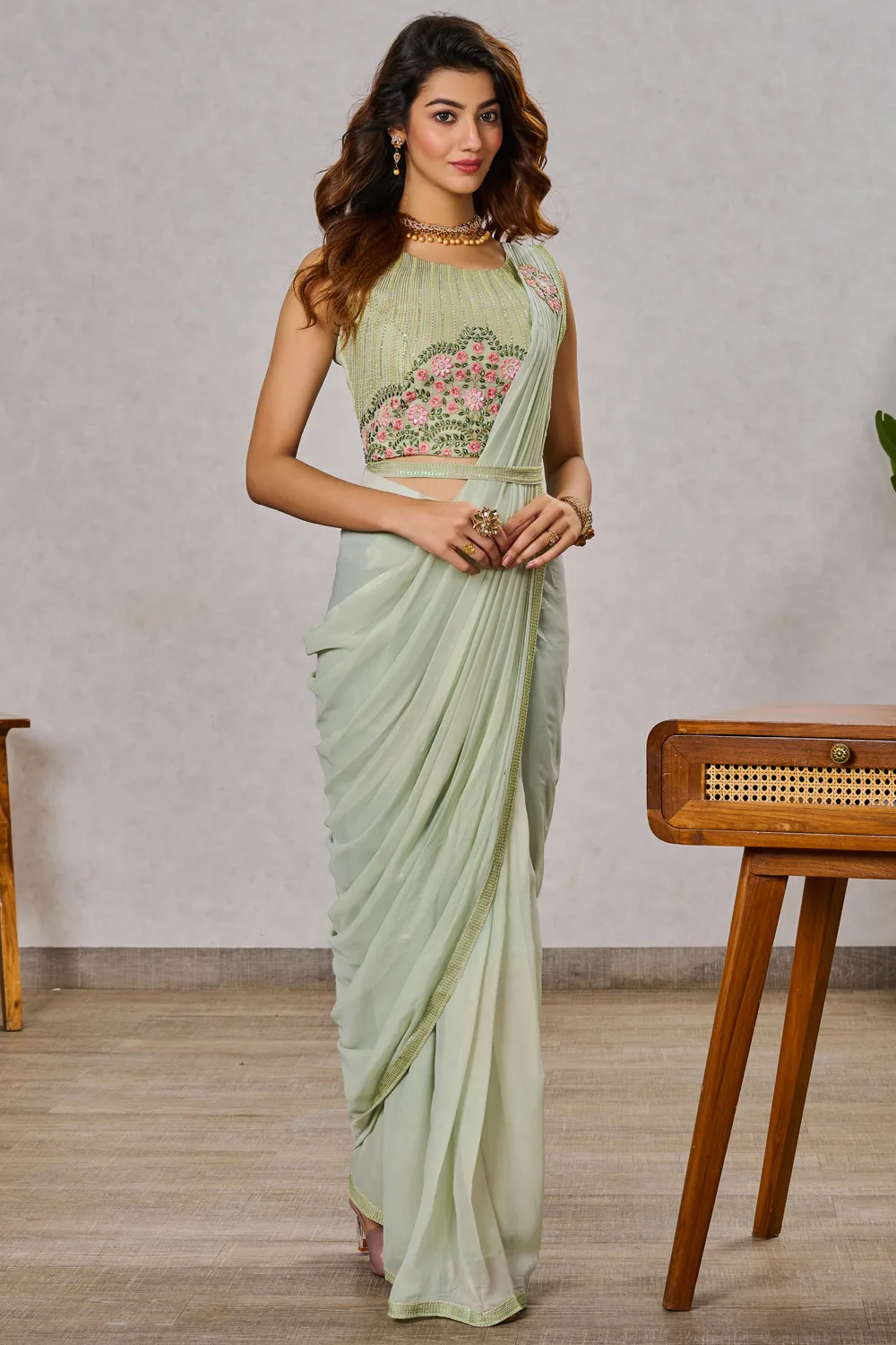 Dusty Green Georgette Saree with Embroidered Blouse