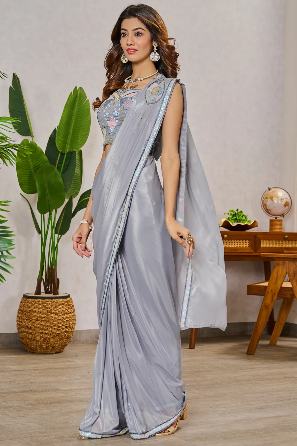 Silver Georgette Saree with Embroidered Blouse