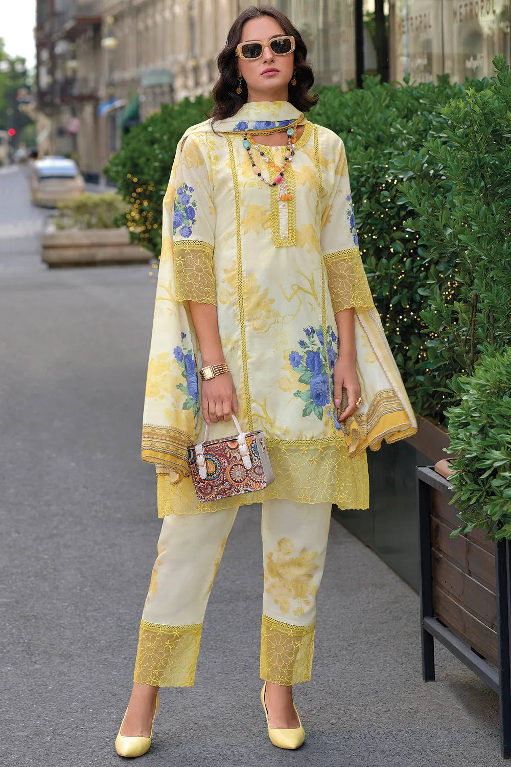 Yellow Floral Cotton Kurta Set with Embroidered Digital Print