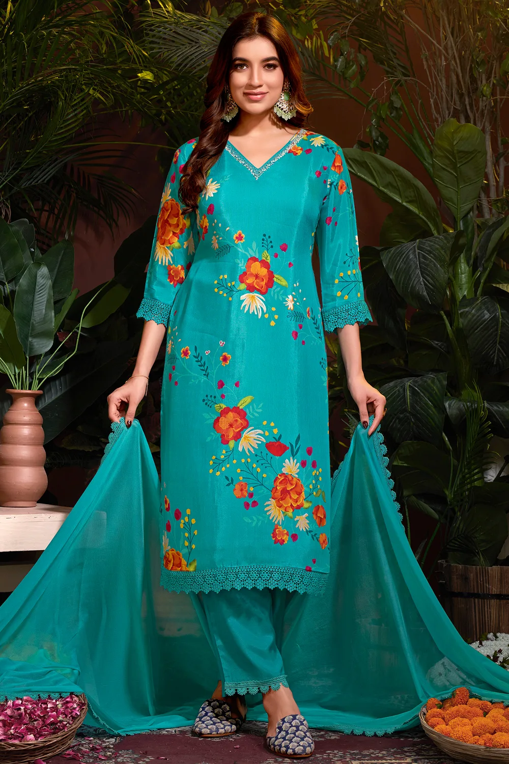 Aqua Blue Floral Muslin Salwar Suit with Crochet Lace