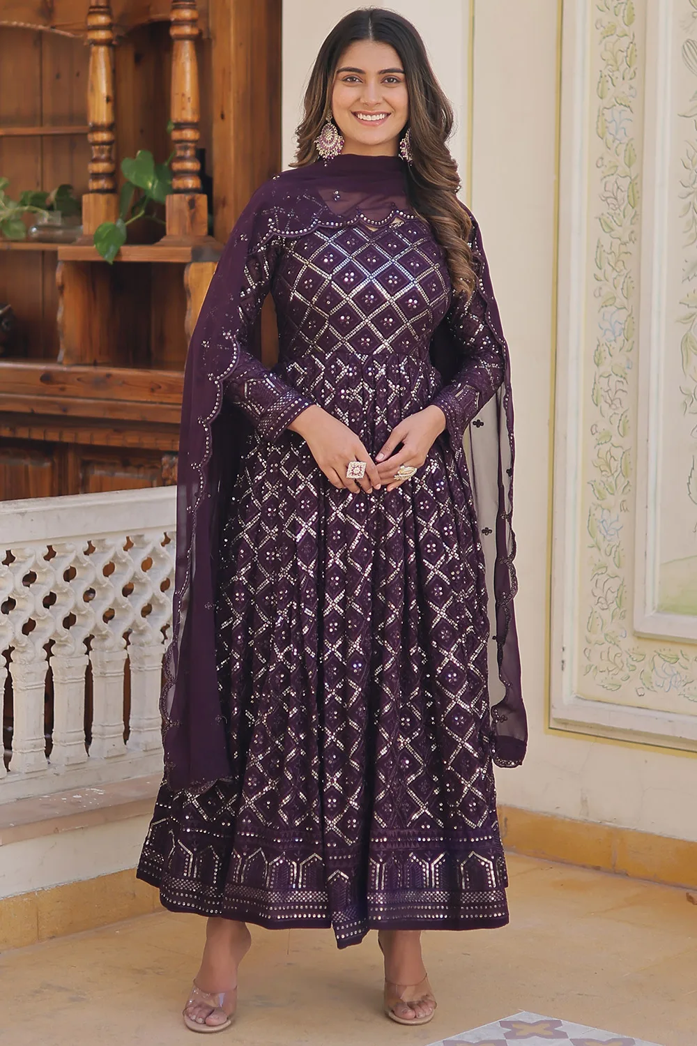 Dark Purple Faux Blooming Gown with Sequins Embroidery and Matching Dupatta