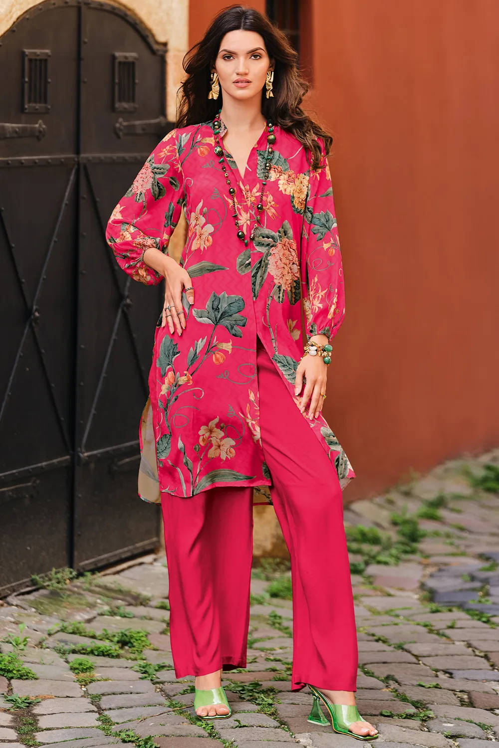 Deep Pink Tropical Print Tunic with Puffed Sleeves and Viscose Shantoon Pants