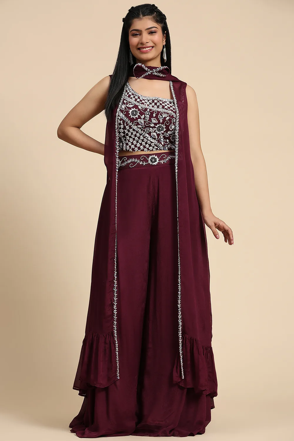 Elegant Maroon Indo-Western Crop Top Set with Hand Embroidery