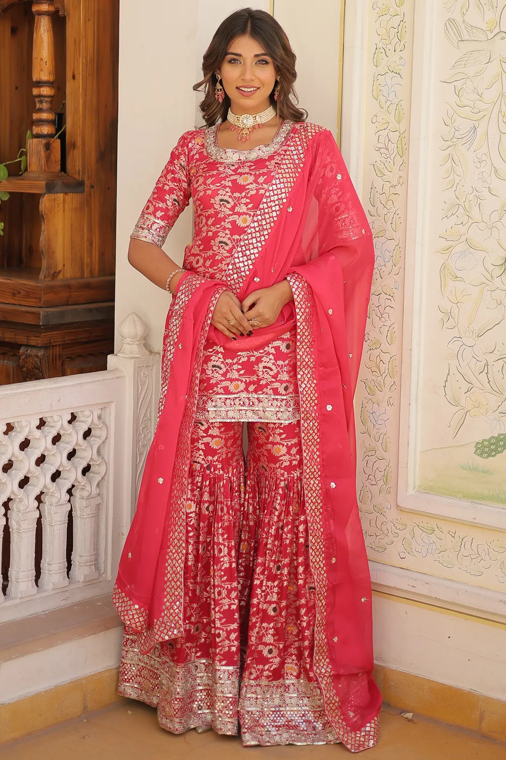 Deep Pink Viscose Jacquard Gharara Suit with Sequins & Zari Embroidery