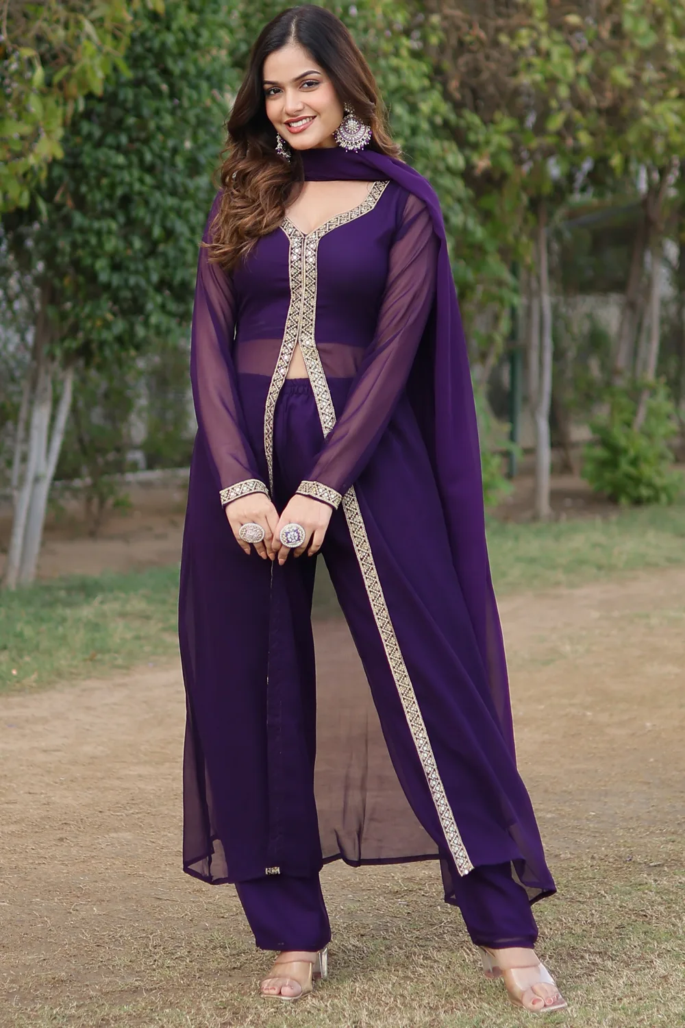 Purple Faux Blooming Embroidered Readymade Anarkali Suit