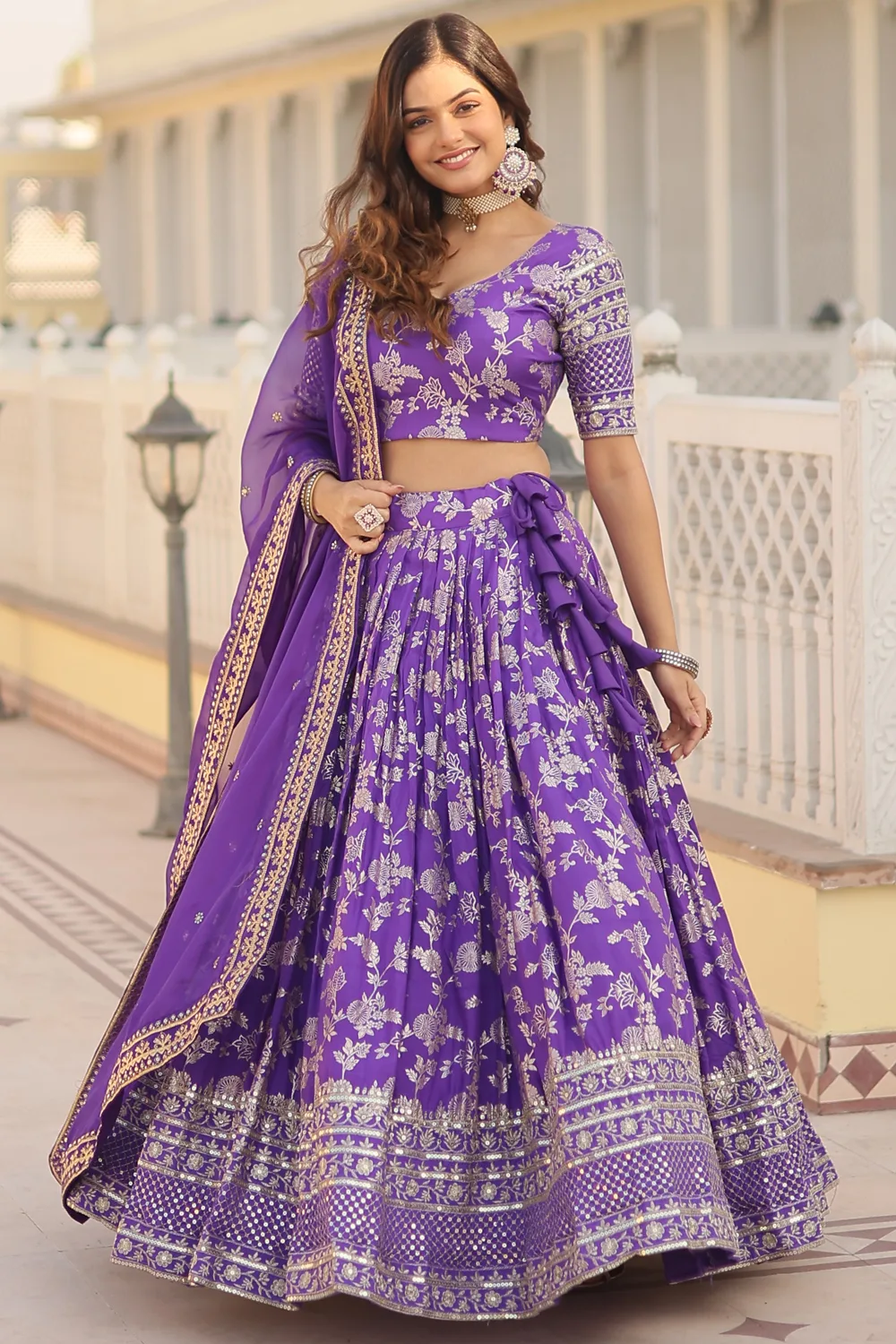 Purple Pure Dyable Viscose Jacquard Lehenga Choli with Sequins Embroidery